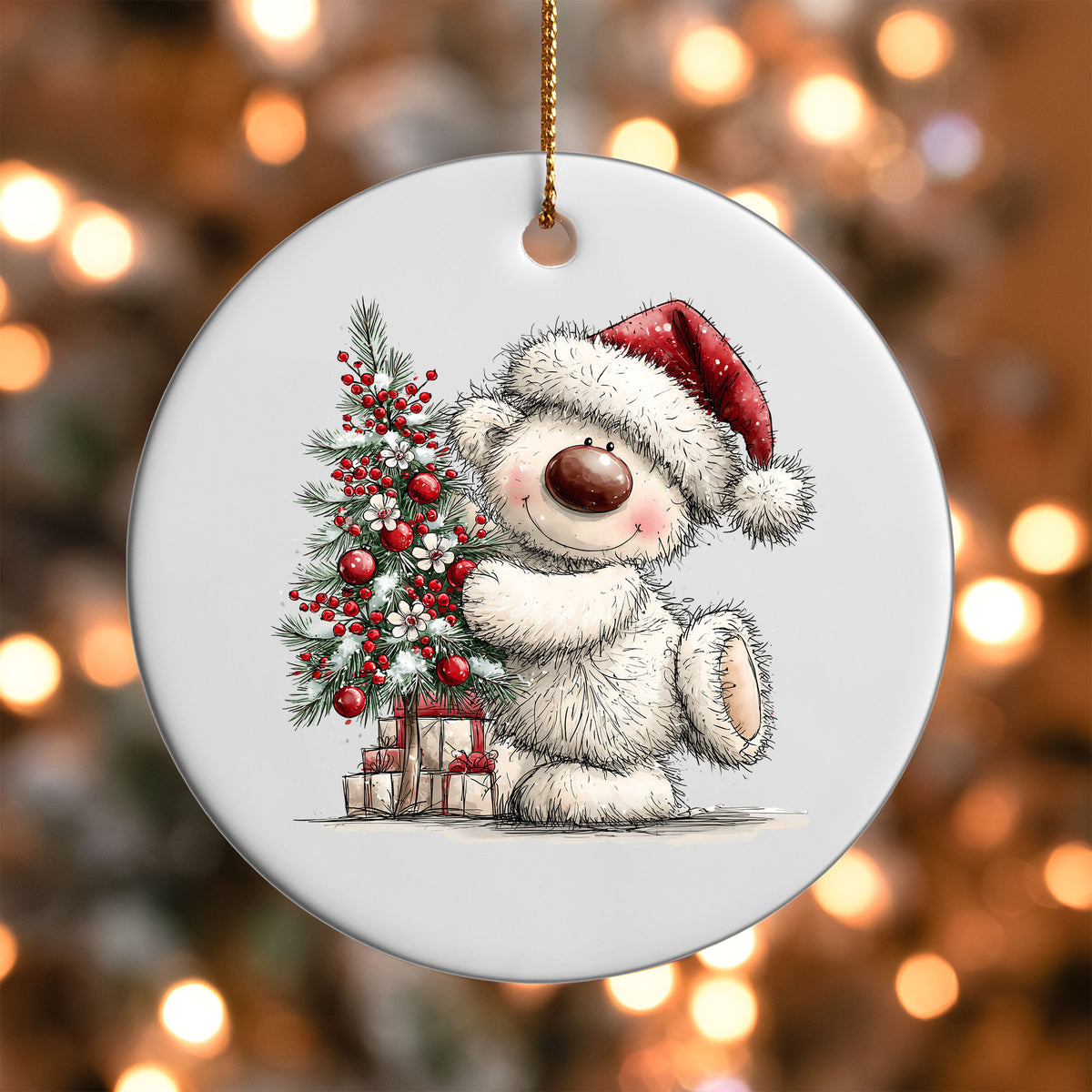 Christmas Tree Hug White Bear ornament UV DTF transfer on a round white ornament with a bokeh light background