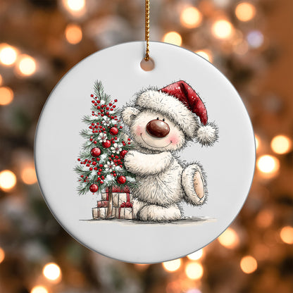Christmas Tree Hug White Bear ornament UV DTF transfer on a round white ornament with a bokeh light background
