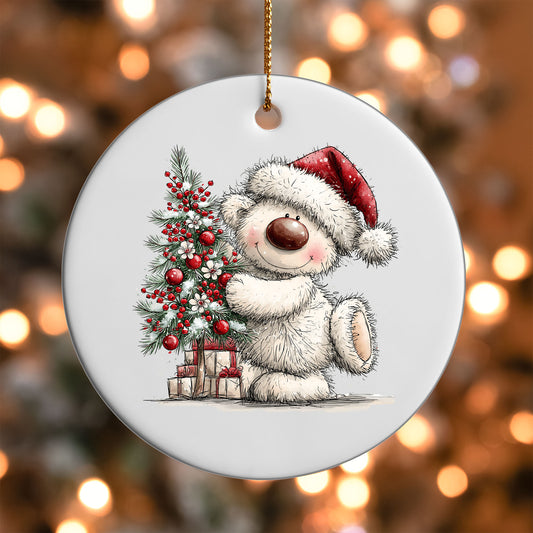 Christmas Tree Hug White Bear ornament UV DTF transfer on a round white ornament with a bokeh light background