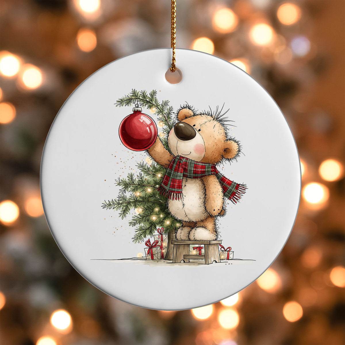 Christmas Tree Teddy Bear ornament UV DTF transfer on a round white ornament with a bokeh light background