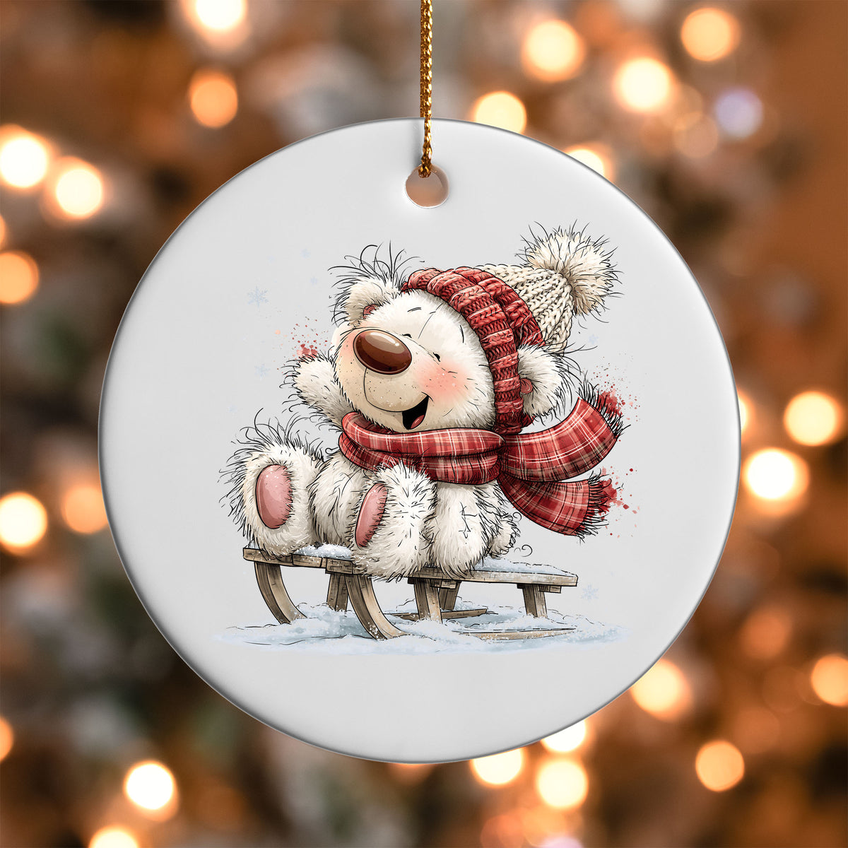 Christmas Tree White Bear ornament UV DTF transfer on a round white ornament with a bokeh light background