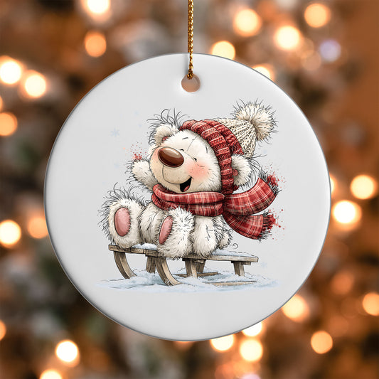 Christmas Tree White Bear ornament UV DTF transfer on a round white ornament with a bokeh light background