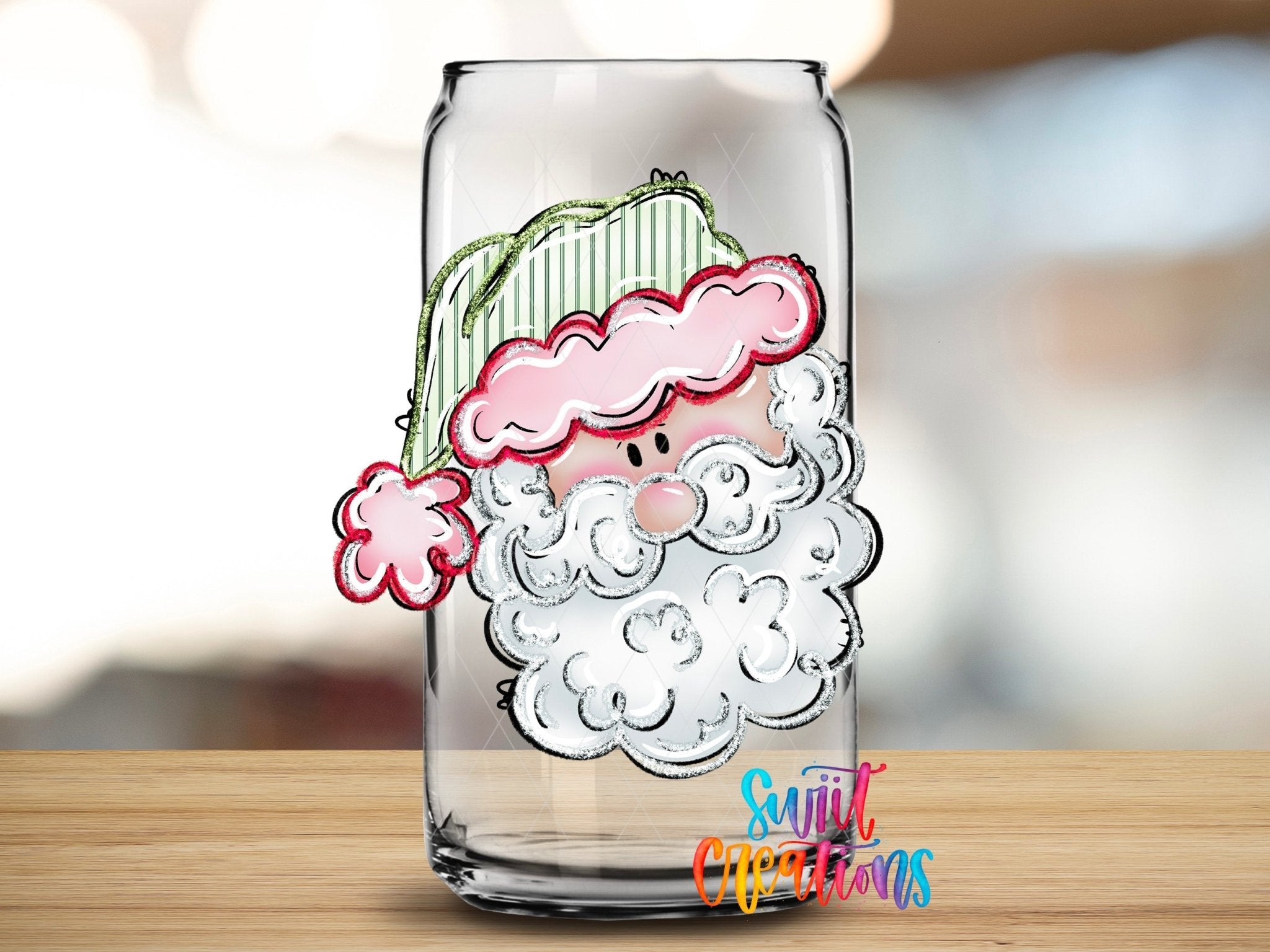 Christmas Tumbler UV DTF Decal: Cute Santa Face, Pink and Green | UV1528 - Swiit Creations
