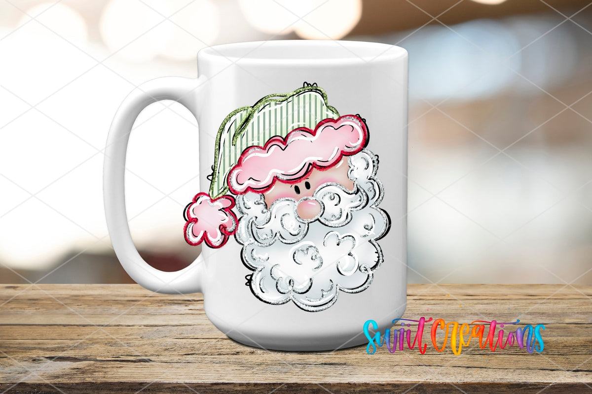 Pink Santa Face UV DTF transfer on a white ceramic coffee mug