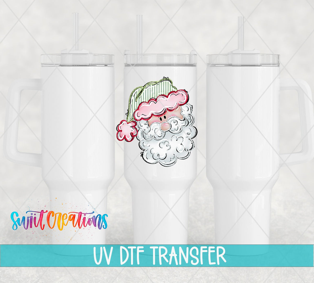 Pink Santa Face UV DTF transfer on white 40 oz tumblers