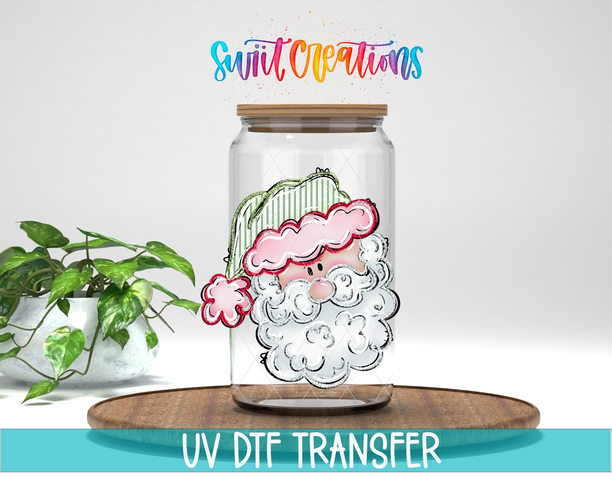 Christmas Tumbler UV DTF Decal: Cute Santa Face, Pink and Green | UV1528 - Swiit Creations