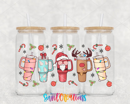 Christmas Tumblers UV DTF full wrap on three glass cans
