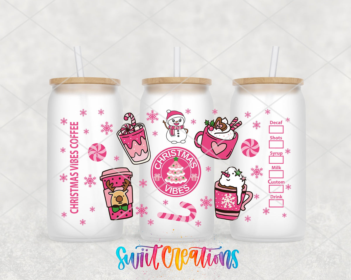 Christmas Vibes Coffee UV DTF wrap on three frosted glass cans