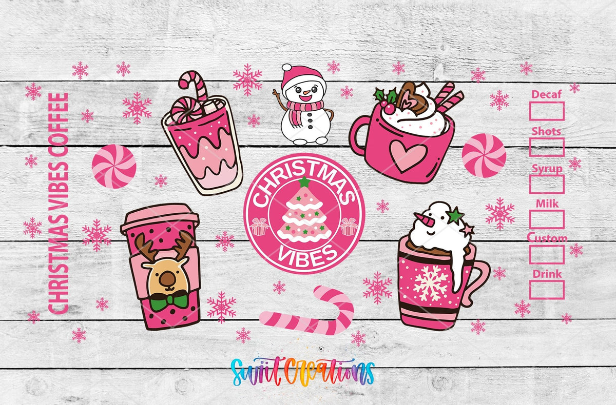 Christmas Vibes Coffee UV DTF wrap artwork on a white wood background