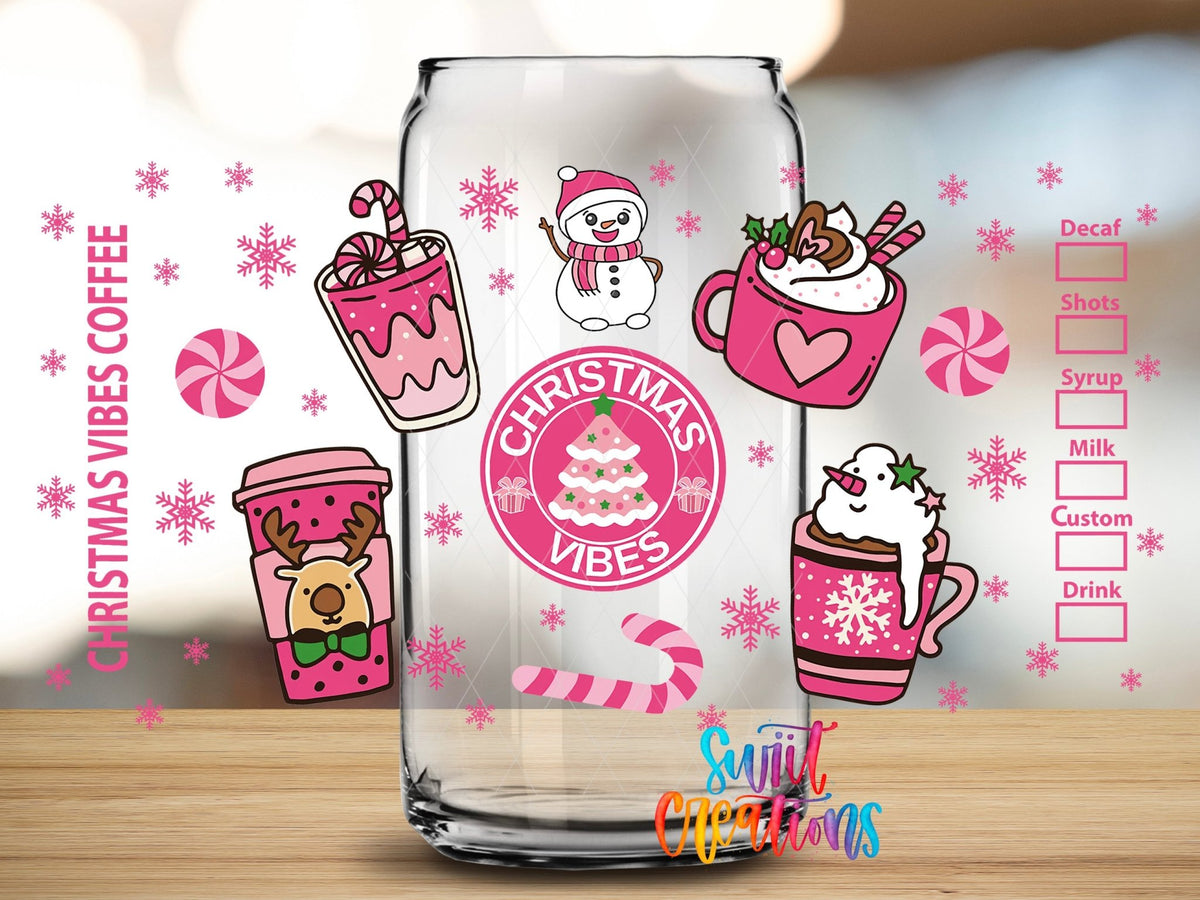 Close-up of the Christmas Vibes Coffee UV DTF wrap on a clear glass can
