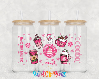 Christmas Vibes Coffee UV DTF wrap on three glass cans