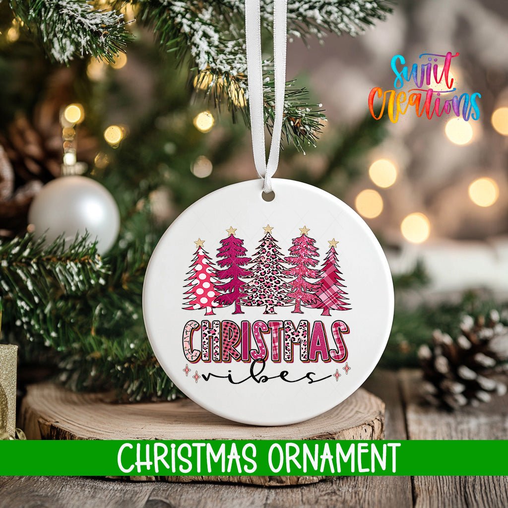 Christmas Vibes Pink Tree Ornament | Holiday Ornament | Leopard Plaid Tree Keepsake Gift | O1684 - Swiit Creations