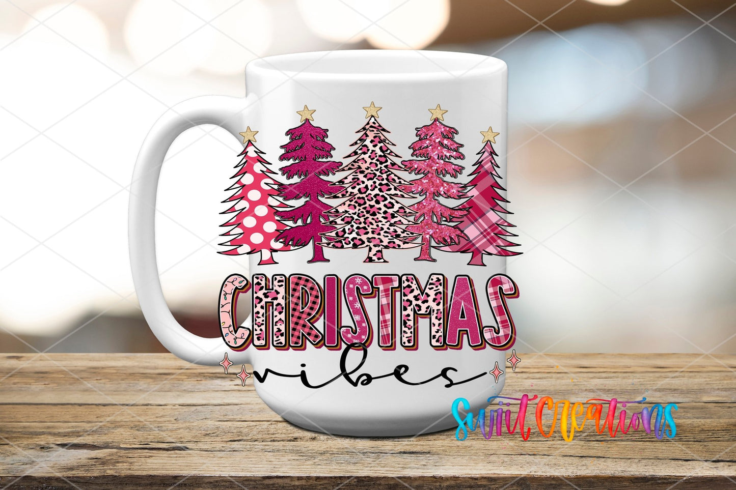 Christmas Vibes UV DTF transfer displayed on a white ceramic mug from Swiit Creations