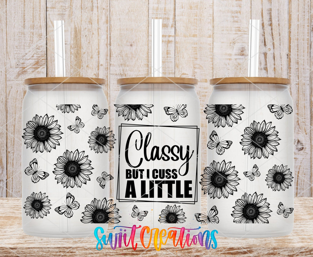 Classy But I Cuss a Little UV DTF full wrap on three clear glass cans with bamboo lids