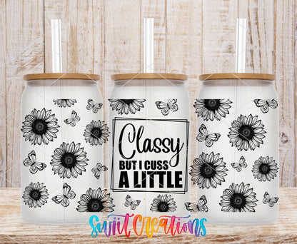 Classy But I Cuss a Little UV DTF full wrap on three clear glass cans with bamboo lids