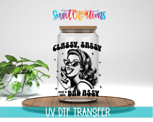 Classy Sassy Retro Black and White UV DTF transfer displayed on a clear jar mockup from Swiit Creations