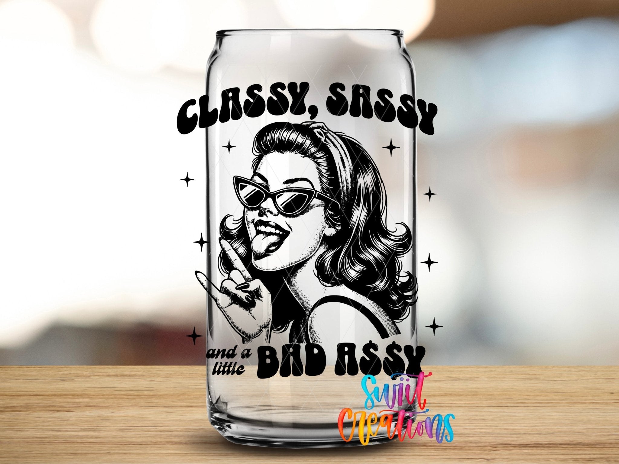 Classy Sassy Retro Black and White UV DTF transfer applied to a clear glass can from Swiit Creations