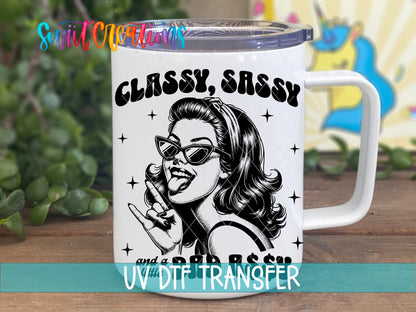 Classy Sassy Retro Black and White UV DTF transfer displayed on a white coffee mug from Swiit Creations