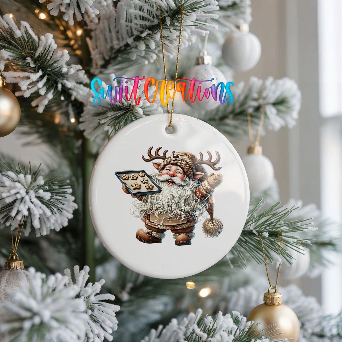 Santa checking his Christmas list ceramic Christmas ornament hanging on a frosted Christmas tree