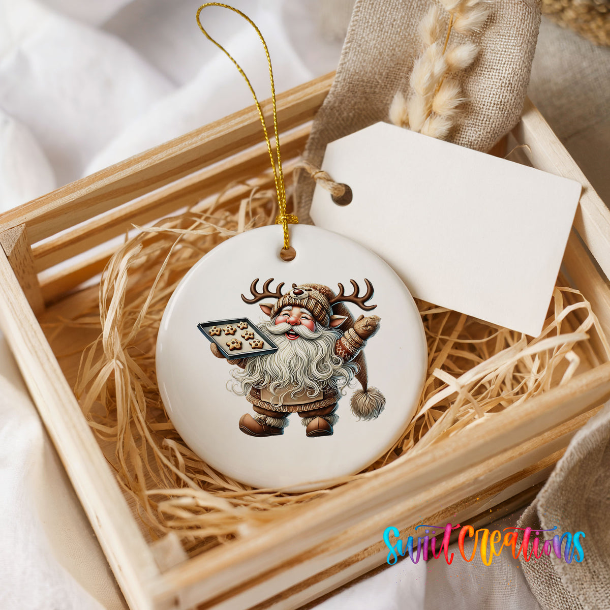 Santa checking his Christmas list ceramic Christmas ornament displayed in a rustic wooden gift crate