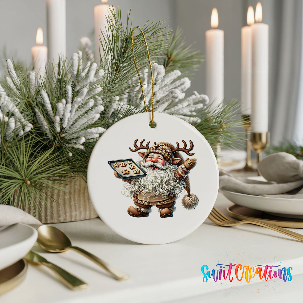 Santa checking his Christmas list ceramic Christmas ornament displayed with elegant holiday table decor