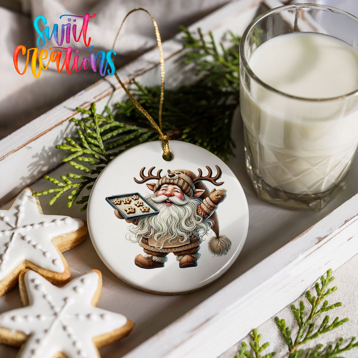 Santa checking his Christmas list ceramic Christmas ornament styled with cookies and milk