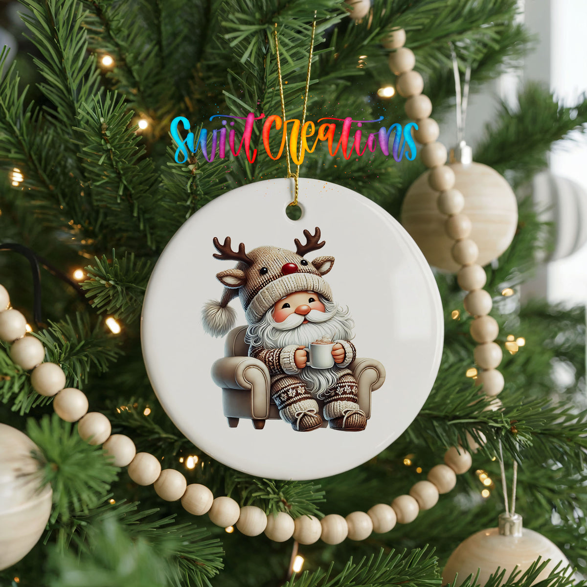 cozy Santa in a reindeer hat relaxing with a mug ceramic Christmas ornament hanging on a decorated Christmas tree