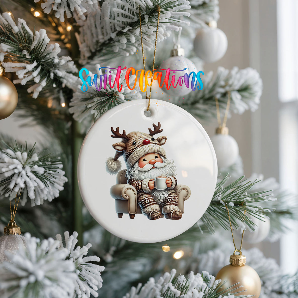 cozy Santa in a reindeer hat relaxing with a mug ceramic Christmas ornament hanging on a frosted Christmas tree