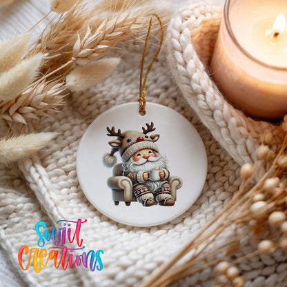 cozy Santa in a reindeer hat relaxing with a mug ceramic Christmas ornament styled beside a candle and cozy knit blanket