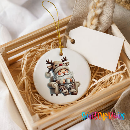 cozy Santa in a reindeer hat relaxing with a mug ceramic Christmas ornament displayed in a rustic wooden gift crate