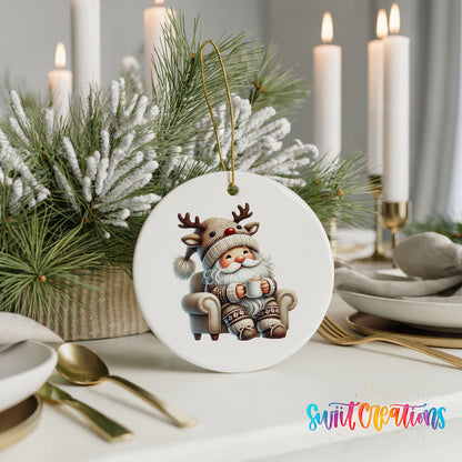 cozy Santa in a reindeer hat relaxing with a mug ceramic Christmas ornament displayed with elegant holiday table decor