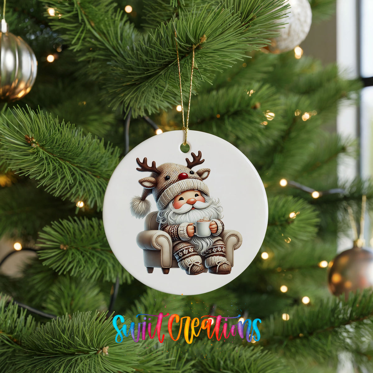 cozy Santa in a reindeer hat relaxing with a mug ceramic Christmas ornament hanging on a green Christmas tree