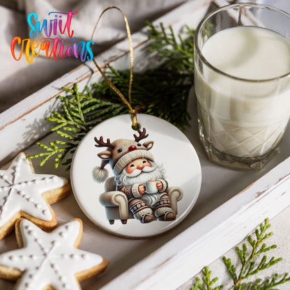 cozy Santa in a reindeer hat relaxing with a mug ceramic Christmas ornament styled with cookies and milk