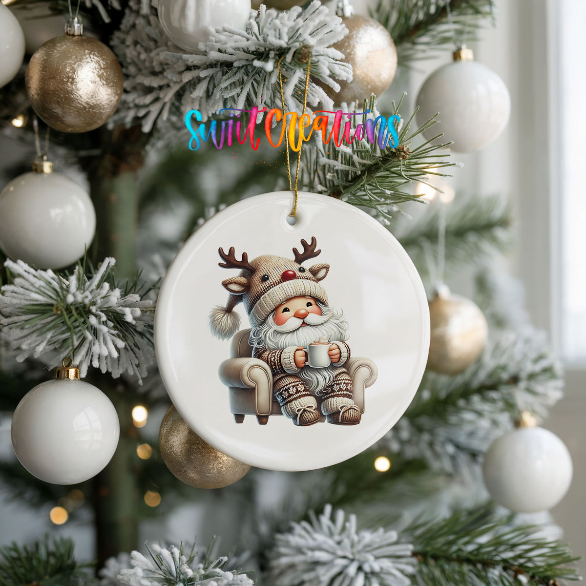 cozy Santa in a reindeer hat relaxing with a mug ceramic Christmas ornament hanging on a frosted holiday tree