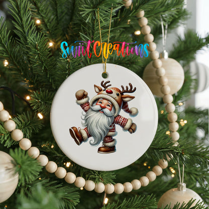 dancing Santa in a reindeer costume ceramic Christmas ornament hanging on a decorated Christmas tree