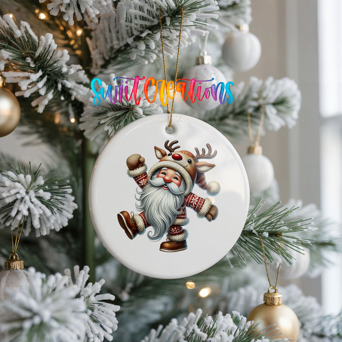 dancing Santa in a reindeer costume ceramic Christmas ornament hanging on a frosted Christmas tree