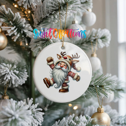 dancing Santa in a reindeer costume ceramic Christmas ornament hanging on a frosted Christmas tree