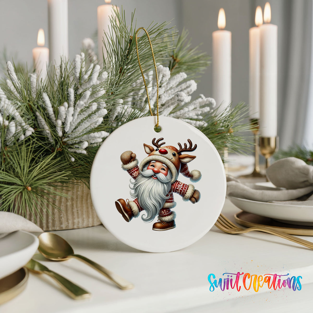 dancing Santa in a reindeer costume ceramic Christmas ornament displayed with elegant holiday table decor