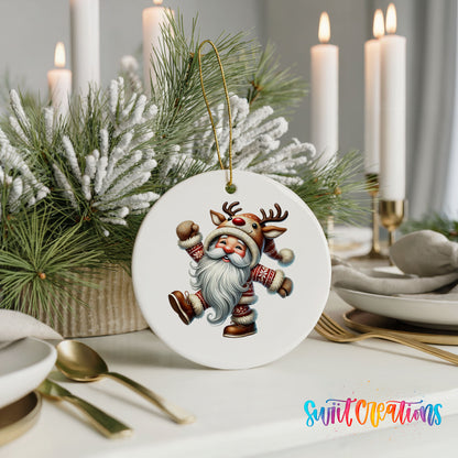 dancing Santa in a reindeer costume ceramic Christmas ornament displayed with elegant holiday table decor