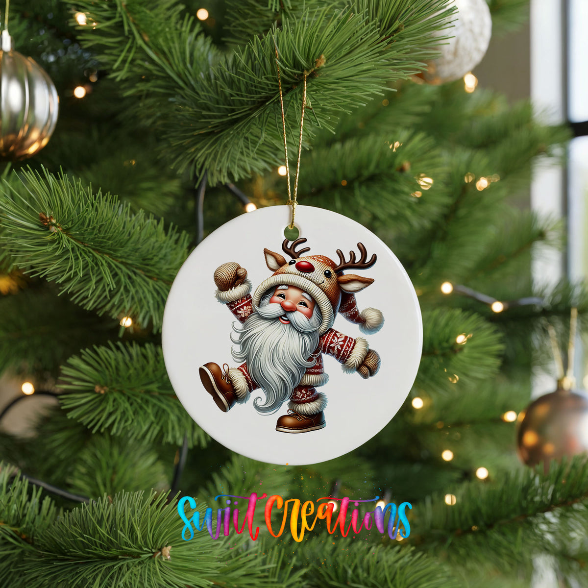 dancing Santa in a reindeer costume ceramic Christmas ornament hanging on a green Christmas tree