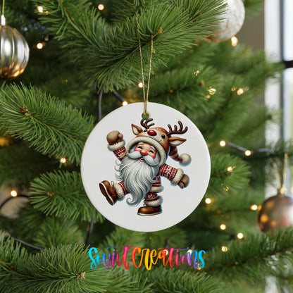 dancing Santa in a reindeer costume ceramic Christmas ornament hanging on a green Christmas tree