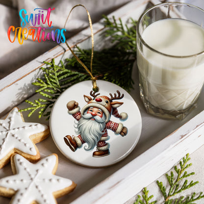 dancing Santa in a reindeer costume ceramic Christmas ornament styled with cookies and milk