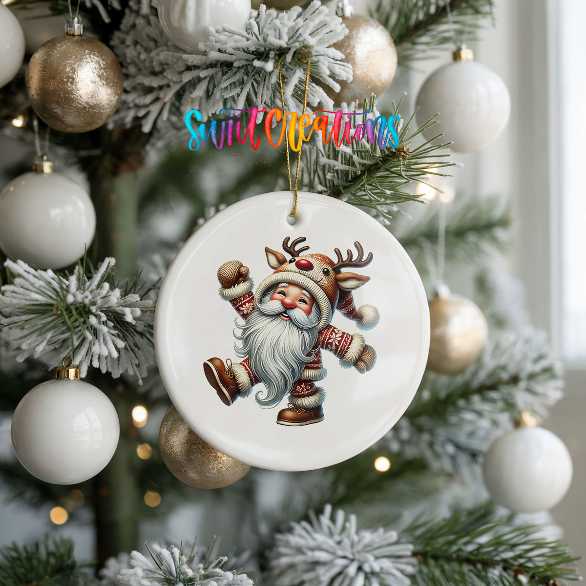 dancing Santa in a reindeer costume ceramic Christmas ornament hanging on a frosted holiday tree