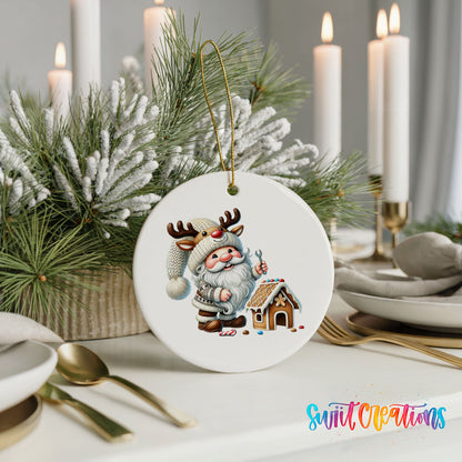 Santa decorating a gingerbread house ceramic Christmas ornament displayed with elegant holiday table decor