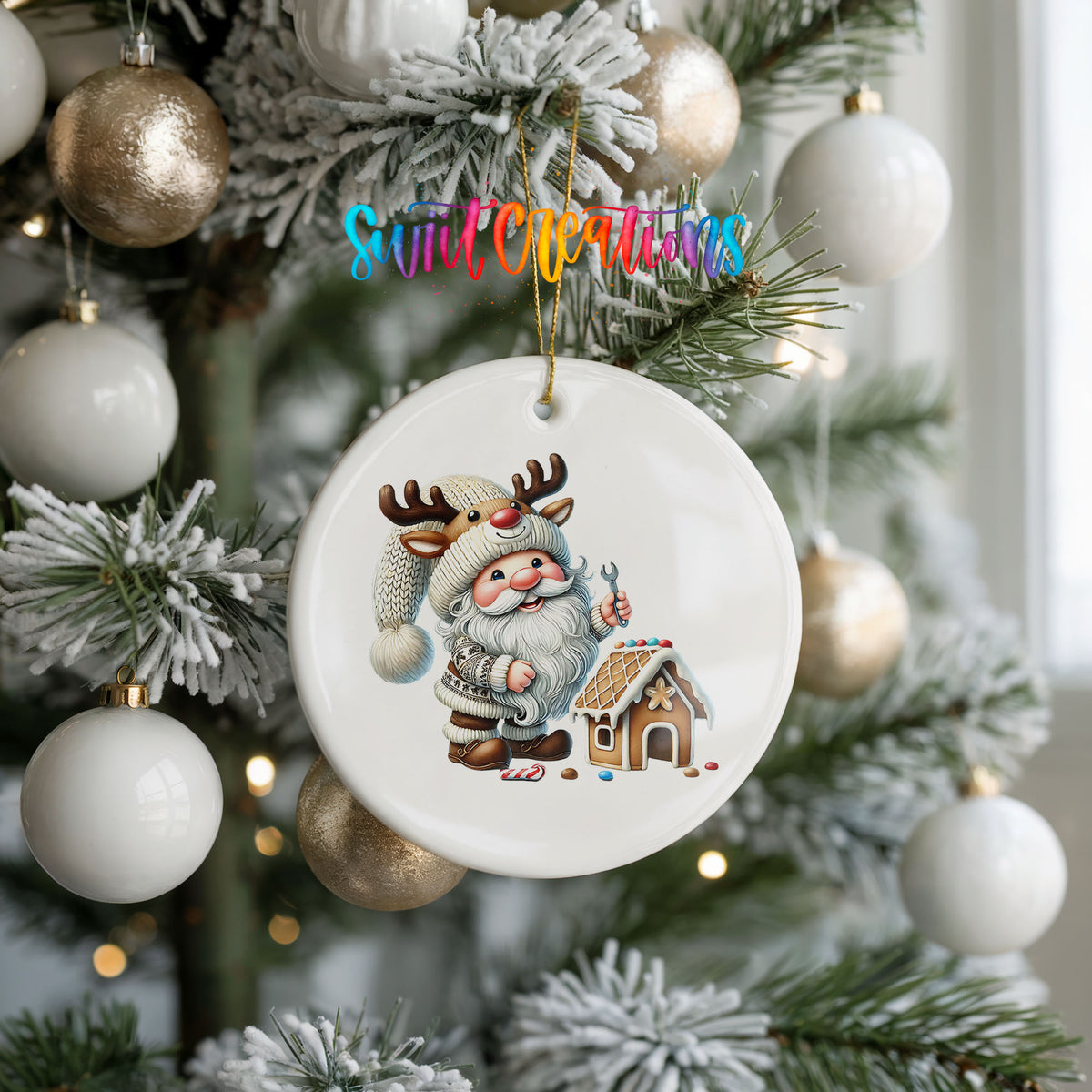Santa decorating a gingerbread house ceramic Christmas ornament hanging on a frosted holiday tree