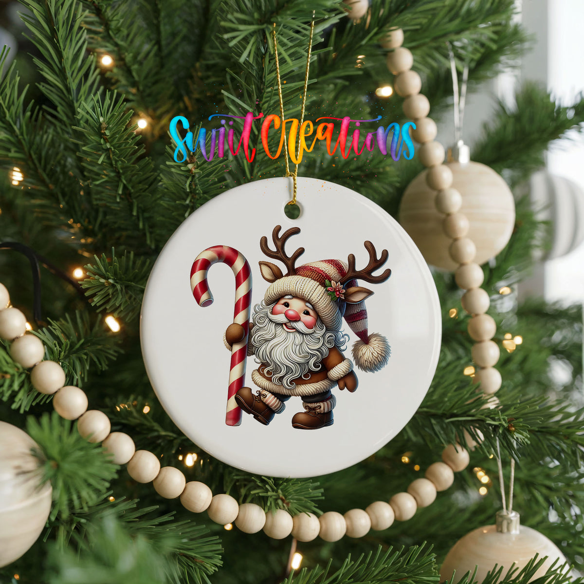 Santa holding an oversized candy cane ceramic Christmas ornament hanging on a decorated Christmas tree