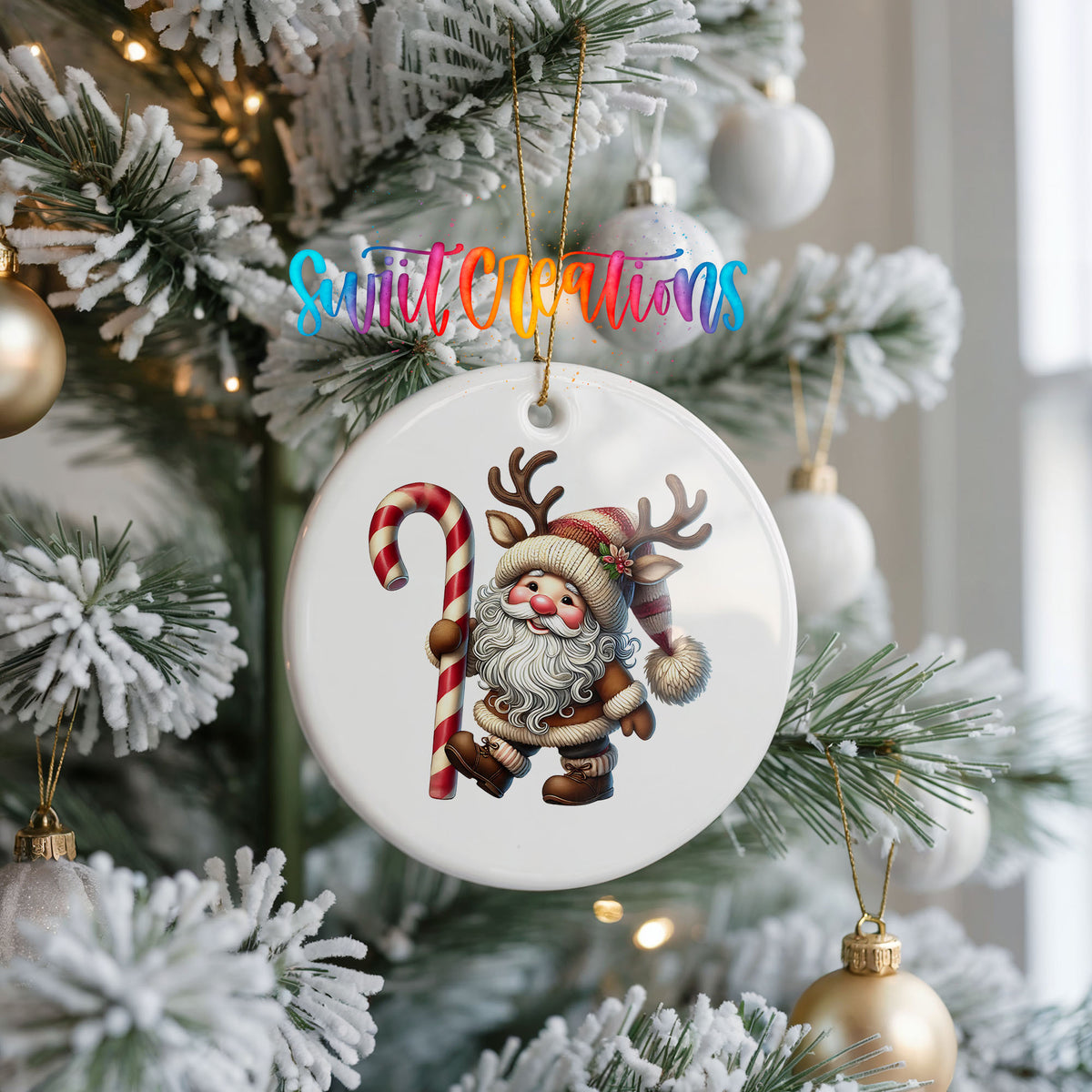 Santa holding an oversized candy cane ceramic Christmas ornament hanging on a frosted Christmas tree