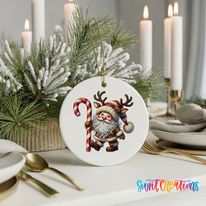 Santa holding an oversized candy cane ceramic Christmas ornament displayed with elegant holiday table decor