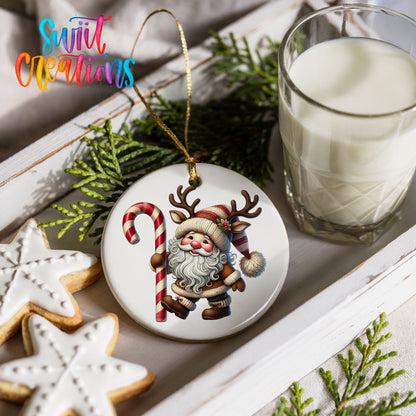 Santa holding an oversized candy cane ceramic Christmas ornament styled with cookies and milk