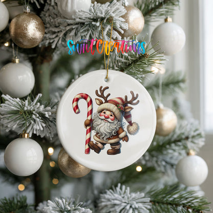 Santa holding an oversized candy cane ceramic Christmas ornament hanging on a frosted holiday tree